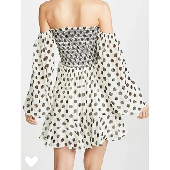 Anthropologie Rocco sand polka dot mini off shoulder smocked dress  black white - Picture 3 of 13